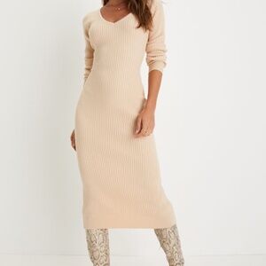 Lulus Everyday Beauty Beige Long Sleeve Ribbed Knit Sweater Dress - Size M
